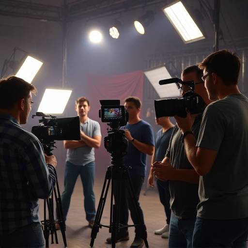 A group of people working collaboratively at a film set in Los Angeles, California.