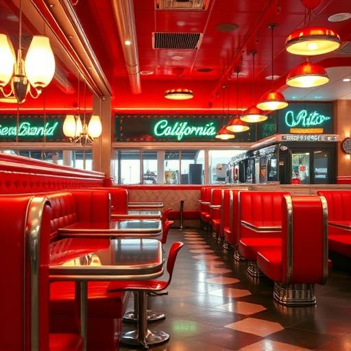 Classic California diner with retro decor, red booths, and chrome accents.