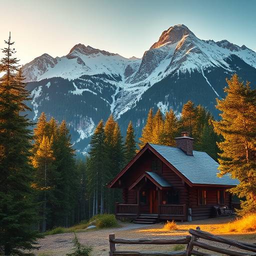 Cozy mountain cabin nestled in a forest clearing with snow-capped peaks in the distance.
