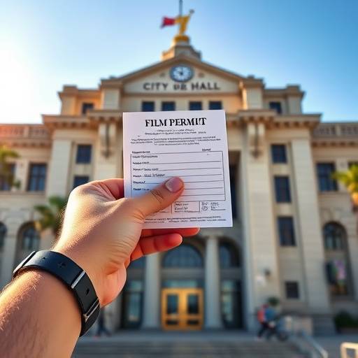 Hand holding a film permit with Los Angeles city hall in the background.