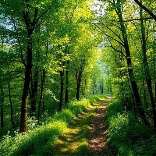 Lush green forest trail with dappled sunlight filtering through the trees.