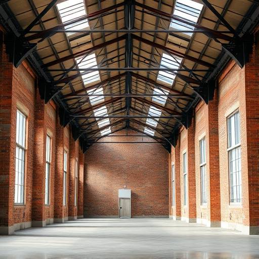 Spacious industrial warehouse interior with exposed brick and high ceilings.