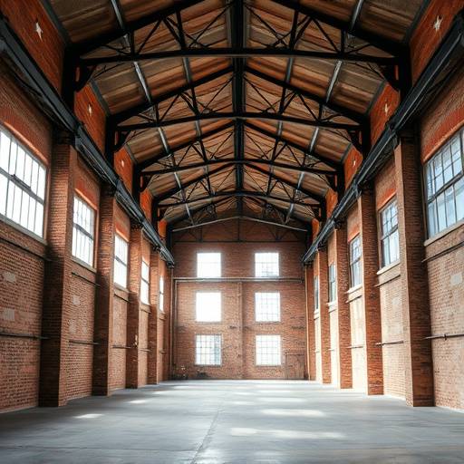 Spacious industrial warehouse interior with exposed brick walls and high ceilings.