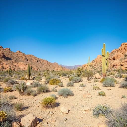 Vast desert landscape with rocky terrain, cacti, and a clear blue sky near Los Angeles.